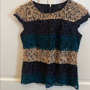 Ann Taylor Lace Striped Blouse - Black, Tan, Teal